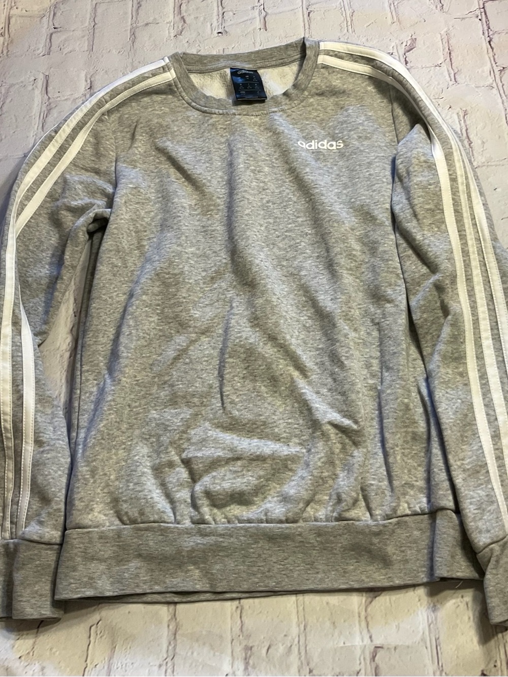adidas women’s Heather Gray Crewneck Sweatshirt with White Shoulder Stripes